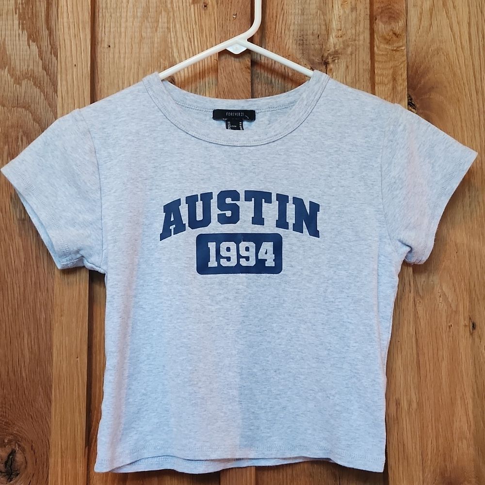 Forever 21 Austin 1994 Short Sleeve Crew Neck Crop Tee Junior Medium Gray & Blue